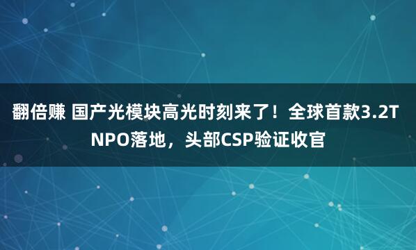 翻倍赚 国产光模块高光时刻来了！全球首款3.2T NPO落地，头部CSP验证收官